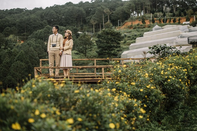 couple, beautiful flowers, countryside